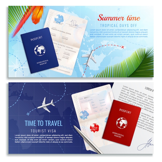 Free Vector time to travel realistic banners with mockups of biometric passport  and tourist visa application form realistic 