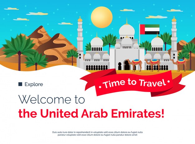 Time to travel united arab emirates flat colorful banner with mountains palms mosque sightseeing attractions  illustration