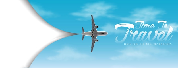 Time to travel vector flyer with white copy space and sky with airplane