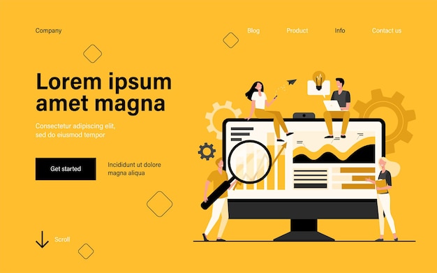 Tiny analysts working with data on dashboard landing page in flat style