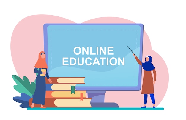 Tiny Arabian woman learning via computer. Book, student, internet flat vector illustration. Study and online education