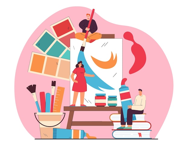 Tiny artists drawing or painting on big canvas flat illustration