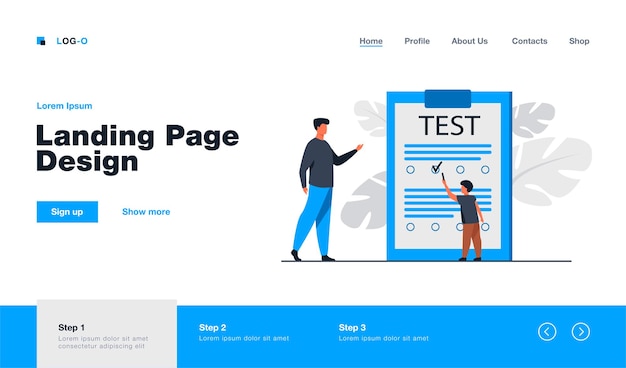 Tiny boy answering questions of test landing page template