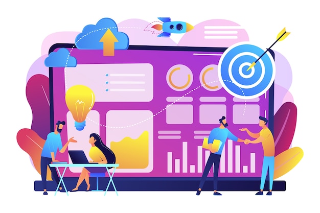 Tiny business analysts discussing ideas at laptop with data. Data initiative, occupation in metadata study, data driven startup concept. Bright vibrant violet  isolated illustration