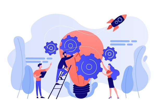 Tiny business people generating ideas and holding gears at big light bulb. Idea management, alternative thinking, best solution choice concept illustration