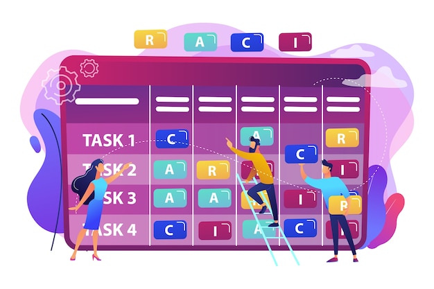 Tiny business people at responsibility chart with tasks. RACI matrix, responsibility assignment matrix, linear responsibility chart concept. Bright vibrant violet  isolated illustration