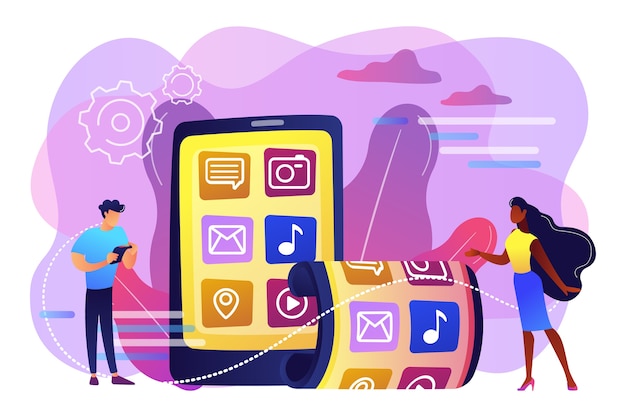 Free Vector tiny business people using smartphone with flexible screen. foldable smartphone, flexible electronic devices, new technology trend concept. bright vibrant violet  isolated illustration