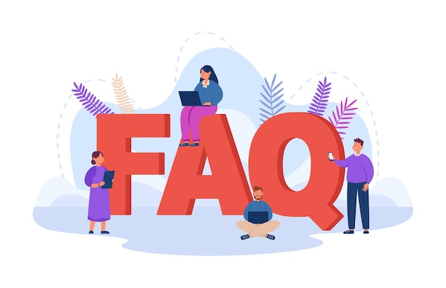 Free Vector tiny business people with giant faq letters. gadget users searching for instructions or useful information flat vector illustration. customer support, solution concept for banner or landing web page