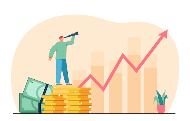 Free vector tiny businessman with spyglass standing on stack of coins. increase of income flat vector illustration. financial growth, investment, success concept for banner, website design or landing web page