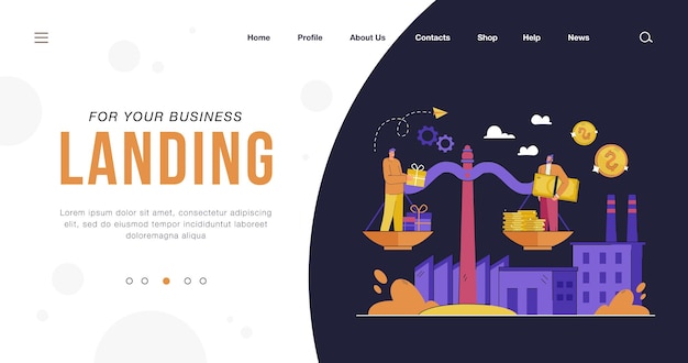 Tiny businessmen standing on giant scales with money and gifts landing page