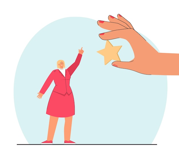 Tiny cartoon businesswoman pointing at huge hand holding star. Positive customer review of service, app or product flat vector illustration. Feedback, satisfaction rating concept for banner