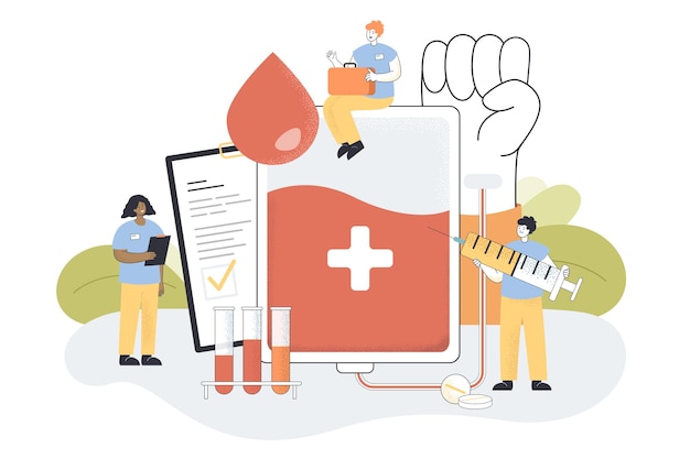 Free Vector tiny cartoon nurses with patient card and blood from donor. blood transfusion for emergency, medical campaign or news flat vector illustration. health, medicine concept for banner or landing web page