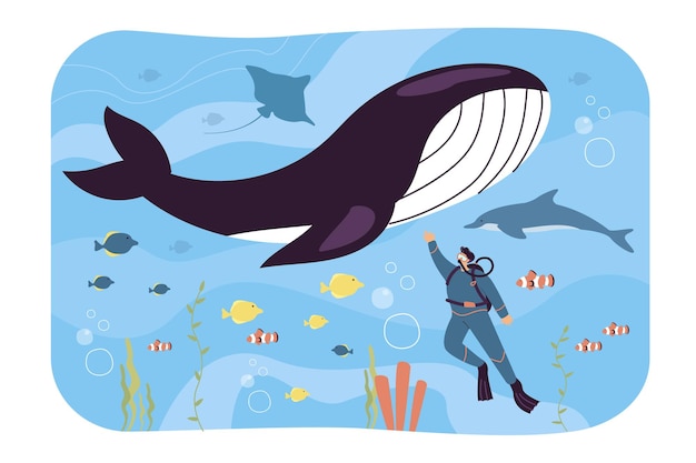 Free Vector tiny cartoon scuba diver swimming in ocean or aquarium