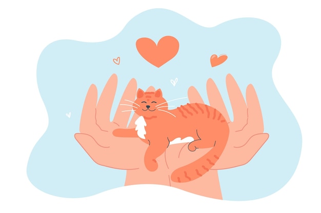 Free vector tiny cat in human hands flat vector illustration. happy kitten lying and resting. owner taking care of lovely pet. friendship, love, happiness, togetherness concept