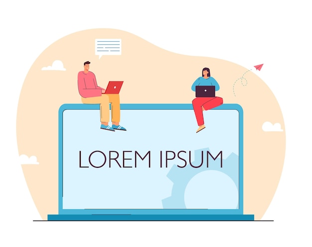 Tiny characters sitting on laptop with lorem ipsum title