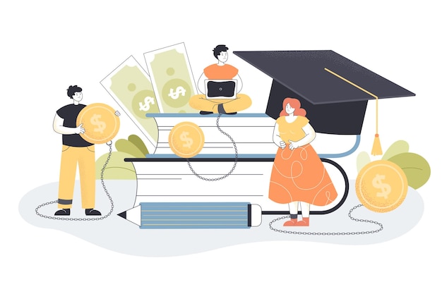 Tiny college or university students making loan to take degree. Male and female character near books paying money or tuition fee for school flat vector illustration. Economy, education, finance system