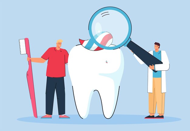 Tiny dentist looking at tooth through magnifying glass. Doctor giving advice on teeth brushing to patient flat vector illustration. Dentistry concept for banner, website design or landing web page