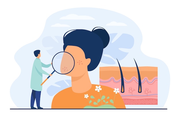 Free Vector tiny dermatologist examining dry face skin flat vector illustration. abstract epidermis disease diagnostics or treatment. dermatology, health medical protection and cosmetology concept