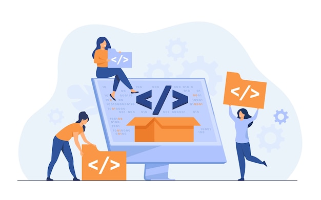 Free Vector tiny developers programming website for internet platform flat vector illustration. cartoon programmers near screen with open code or script. software development and digital technology concept