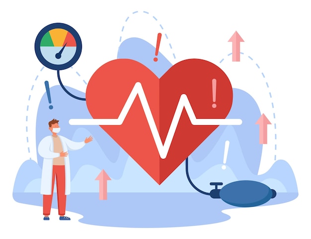 Tiny doctor and heart of patient with high blood pressure. Medical checkup at hospital or clinic, risk of cholesterol or cardiovascular disease flat vector illustration. Cardiology, health concept