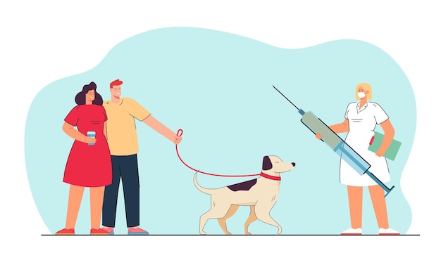 Free Vector tiny dog owners having appointment with vet. veterinarian holding medical syringe for pet vaccination flat vector illustration. pet care concept for banner, website design or landing web page