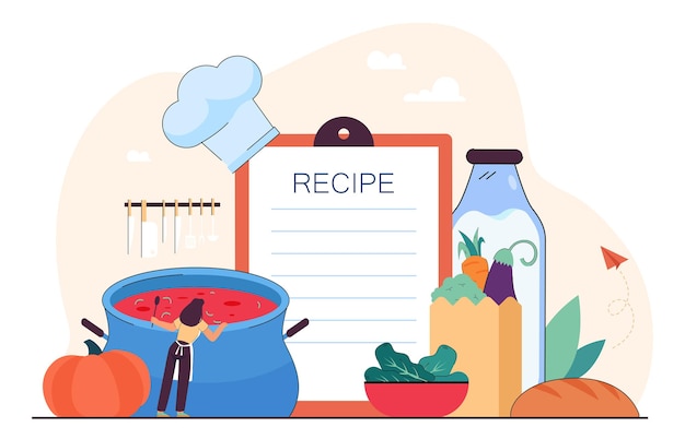 Tiny female chef cooking vegan meal using recipe in kitchen. Cook making dish from restaurant menu flat vector illustration. Healthy food or diet, culinary, nutrition concept for website design