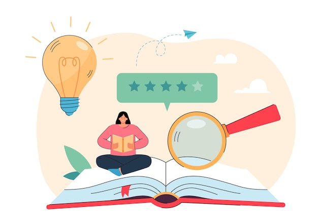 Free Vector tiny female customer reading book with good feedback. research and analysis of book service from girl flat vector illustration. quality rating of literature, satisfaction, consumer review concept