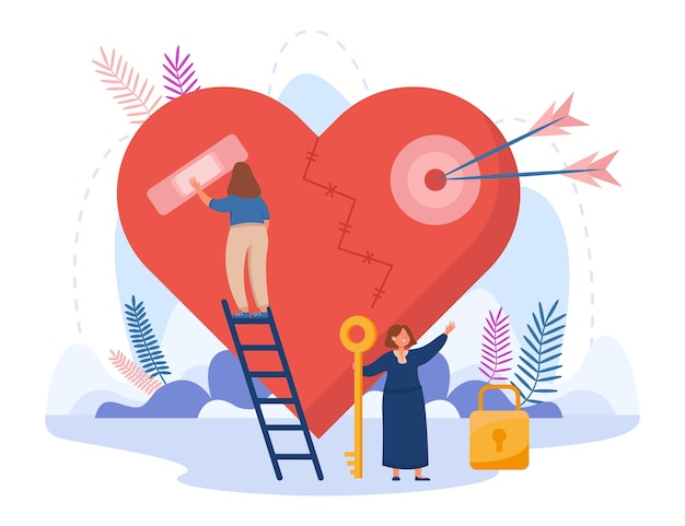 Free Vector tiny girl standing on stairs and taping broken heart. female cartoon character holding key to lock flat illustration