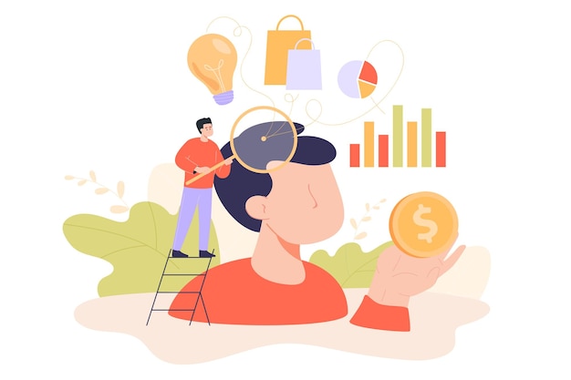 Free Vector tiny man analyzing mind or behaviour of customer