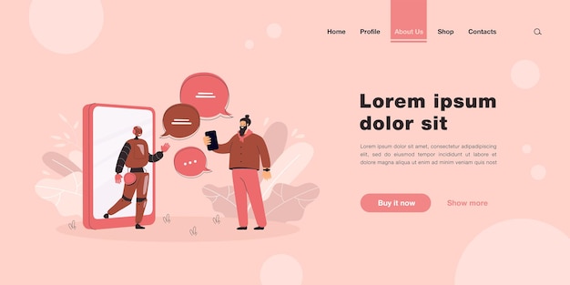 Tiny man chatting online with AI assistant landing page in flat style
