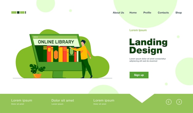 Tiny man choosing book in online library landing page in flat style