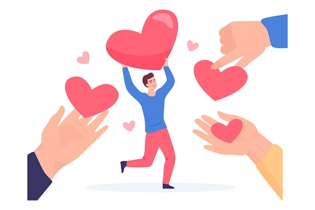 Free Vector tiny man holding heart flat vector illustration. huge hands holding hearts as symbol of charity, sharing love, greeting or solidarity. assistance, help, support, community concept