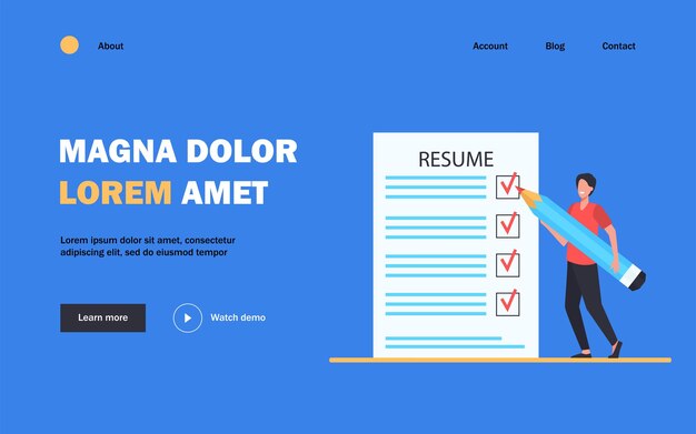 Tiny man preparing resume for new work search landing page template