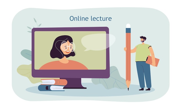 Tiny man with giant pencil watching online lecture