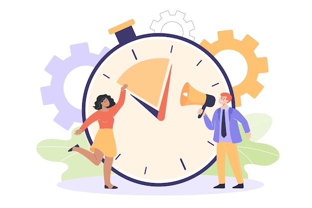 Free Vector tiny man and woman in background of huge timer. man with loudspeaker, keeping time on stopwatch flat vector illustration. deadline, time management, speed concept