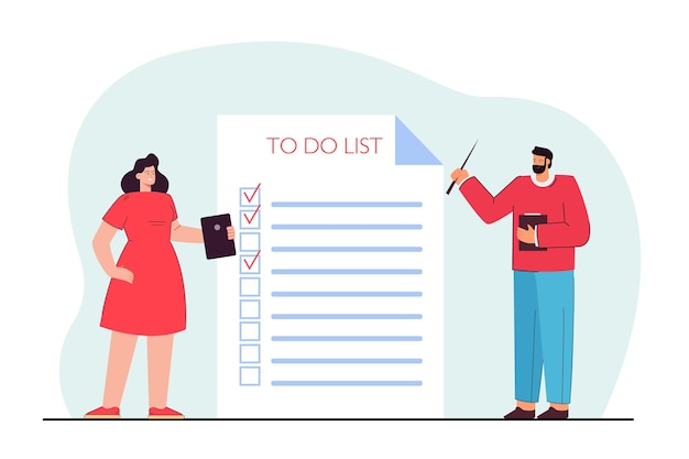 Free Vector tiny man and woman standing near to do list. couple ticking off items on check list flat vector illustration. daily routine, busy lifestyle concept for banner, website design or landing web page