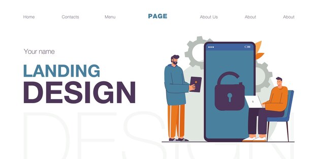 Tiny men using modern devices. Two male characters with laptop and tablet. Sitting, talking, unlocking smartphone. Modern technologies concept for banner, website design or landing web page