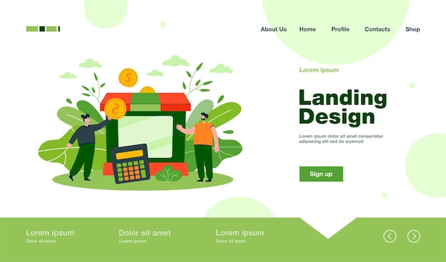 Tiny partners giving subsidy assistance to business landing page in flat style