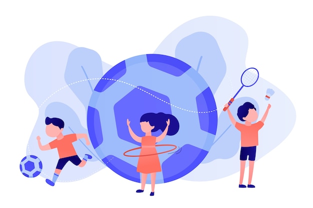 Free Vector tiny people, active kids in camp playing sports outside and big football