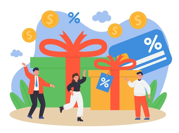 Tiny people in background of gift boxes flat vector illustration. Regular customers or clients getting bonuses on purchases, receiving discount and special promotions. Loyalty program, reward concept