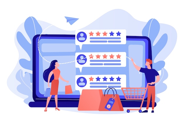 Free Vector tiny people customers rating online with reputation system program. seller reputation system, top rated product, customer feedback rate concept illustration