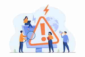 Free vector tiny people examining operating system error warning on web page isolated flat illustration.