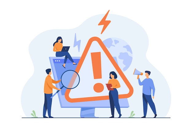 Free Vector tiny people examining operating system error warning on web page isolated flat illustration.