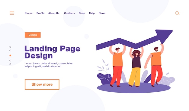 Tiny people holding growing arrow landing page template