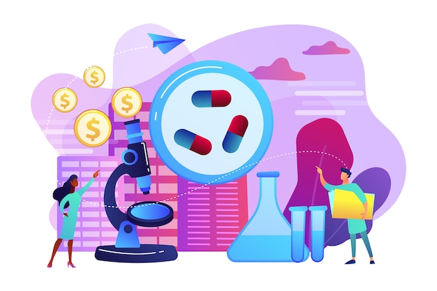 Free Vector tiny people scientists in the lab produce pharmaceutical drugs. pharmacological business, pharmaceutical industry, pharmacological service concept. bright vibrant violet  isolated illustration