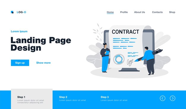 Tiny people signing giant contract with electronic signature. Landing page in flat style.
