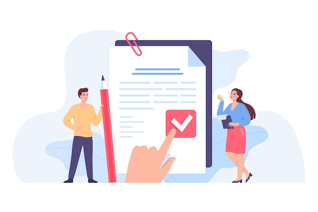 Free Vector tiny people signing legal principles document. protection of privacy data, control of employee, statement with text protocol flat vector illustration. regulation procedure concept