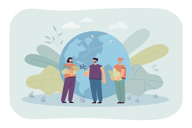 Tiny people standing near Earth globe flat illustration