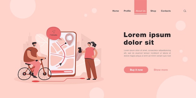 Free Vector tiny people using mobile app for navigation in city landing page in flat style.