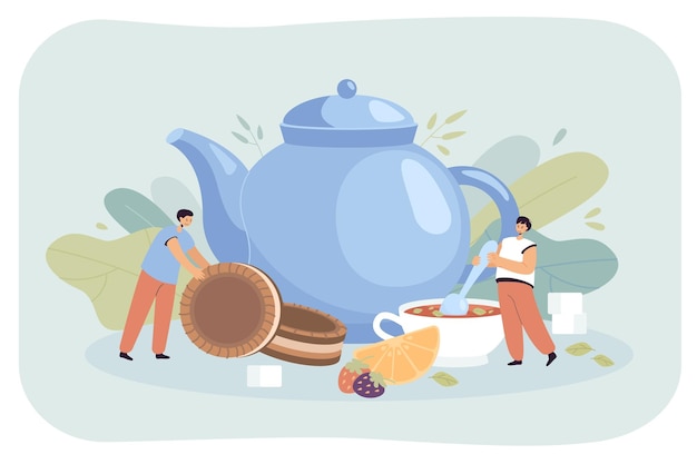 Free Vector tiny people with cup of tea and teapot flat vector illustration. happy girl mixing sugar in huge cup of herbal or fruit tea with lemon. boy with sweet chocolate biscuits. hot winter beverage concept